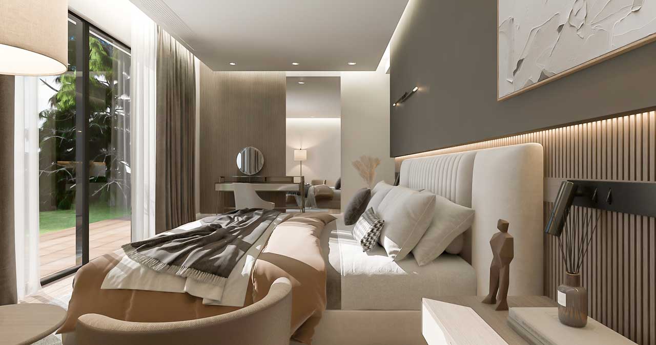 A bedroom with a large bed and a mirror

Description automatically generated