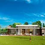 A house with a lawn and a pool Description automatically generated