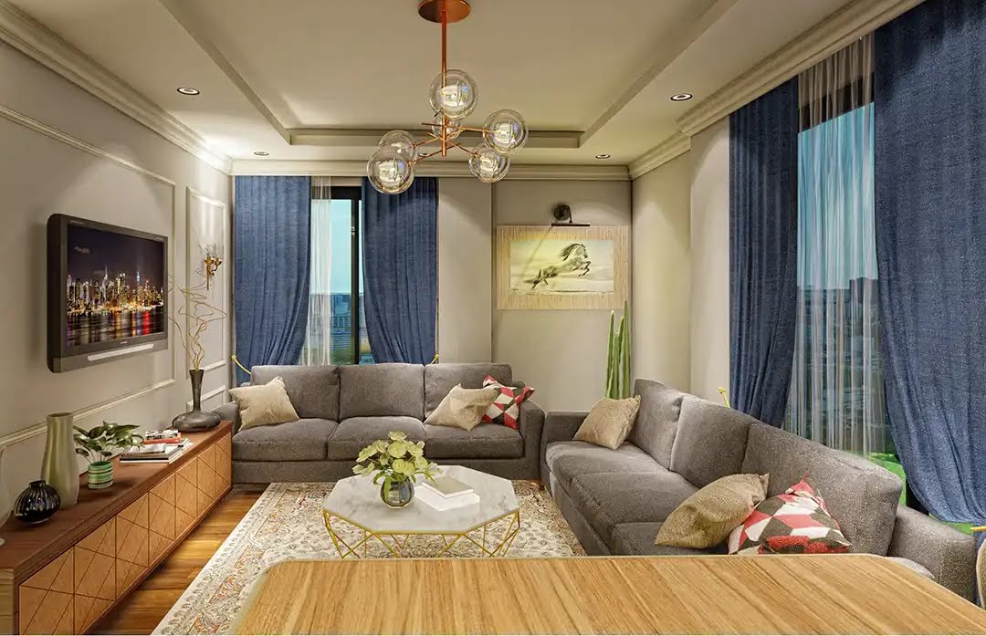 A living room with a couch and a coffee table

Description automatically generated